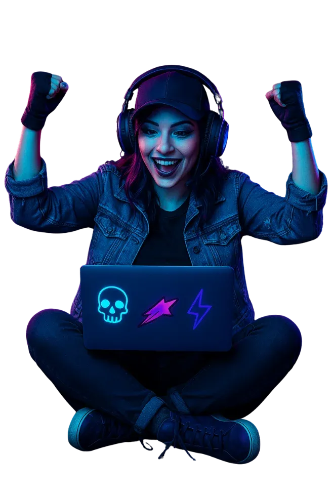 Excited gamer woman with headphones playing cloud games