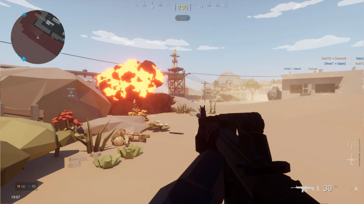 Delta Poly Block Ops low-poly tactical FPS featuring large-scale multiplayer battles with vehicles and infantry