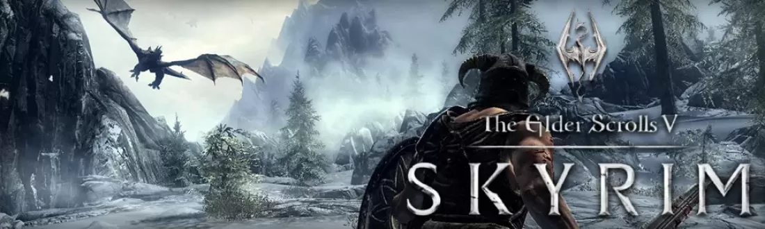 The Elder Scrolls V Skyrim gameplay showing a Dragonborn warrior facing a dragon in a snowy mountainous landscape