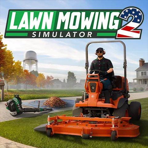 Lawn Mowing Simulator 2 gameplay showing a ride-on mower cutting precise stripes across a countryside lawn