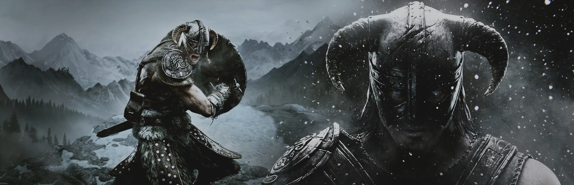 The Elder Scrolls V Skyrim gameplay showing a Dragonborn warrior facing a dragon in a snowy mountainous landscape