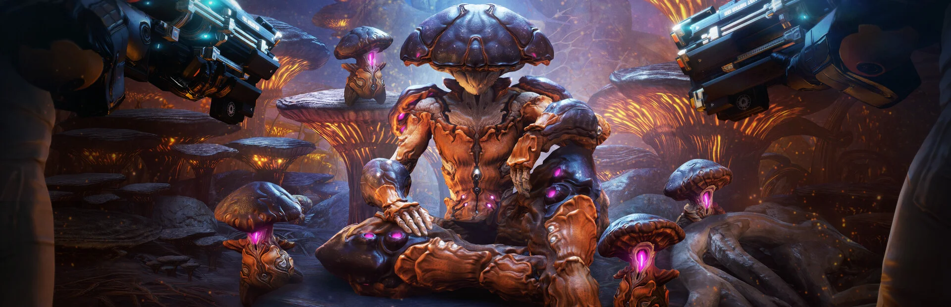 Warframe sci-fi action RPG showing armored Tenno warriors wielding futuristic weapons in fast-paced cooperative combat