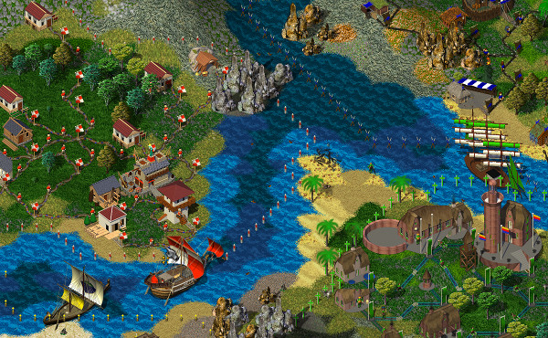 Widelands real-time strategy game showcasing a vibrant settlement with rivers, ships, and diverse terrain