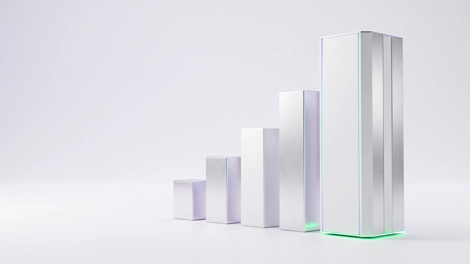 Five white columns rising like a bar chart, the tallest lit green at its base.