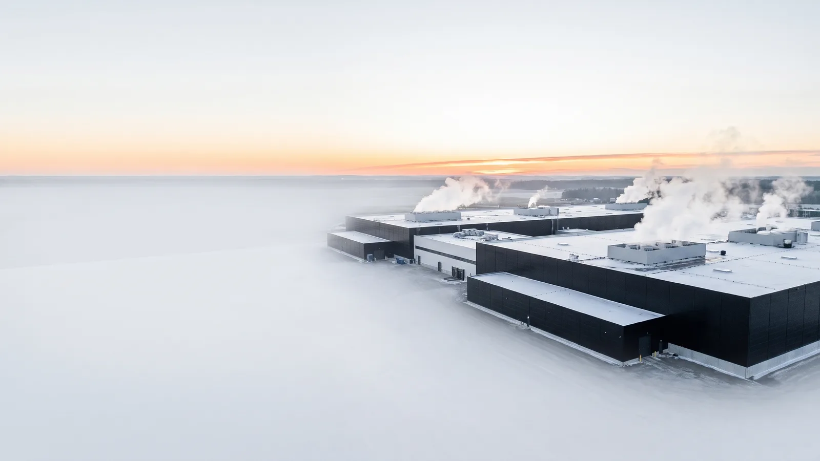 Long flat data-centre halls in a pale landscape, steam rising from the roofs under an orange horizon.