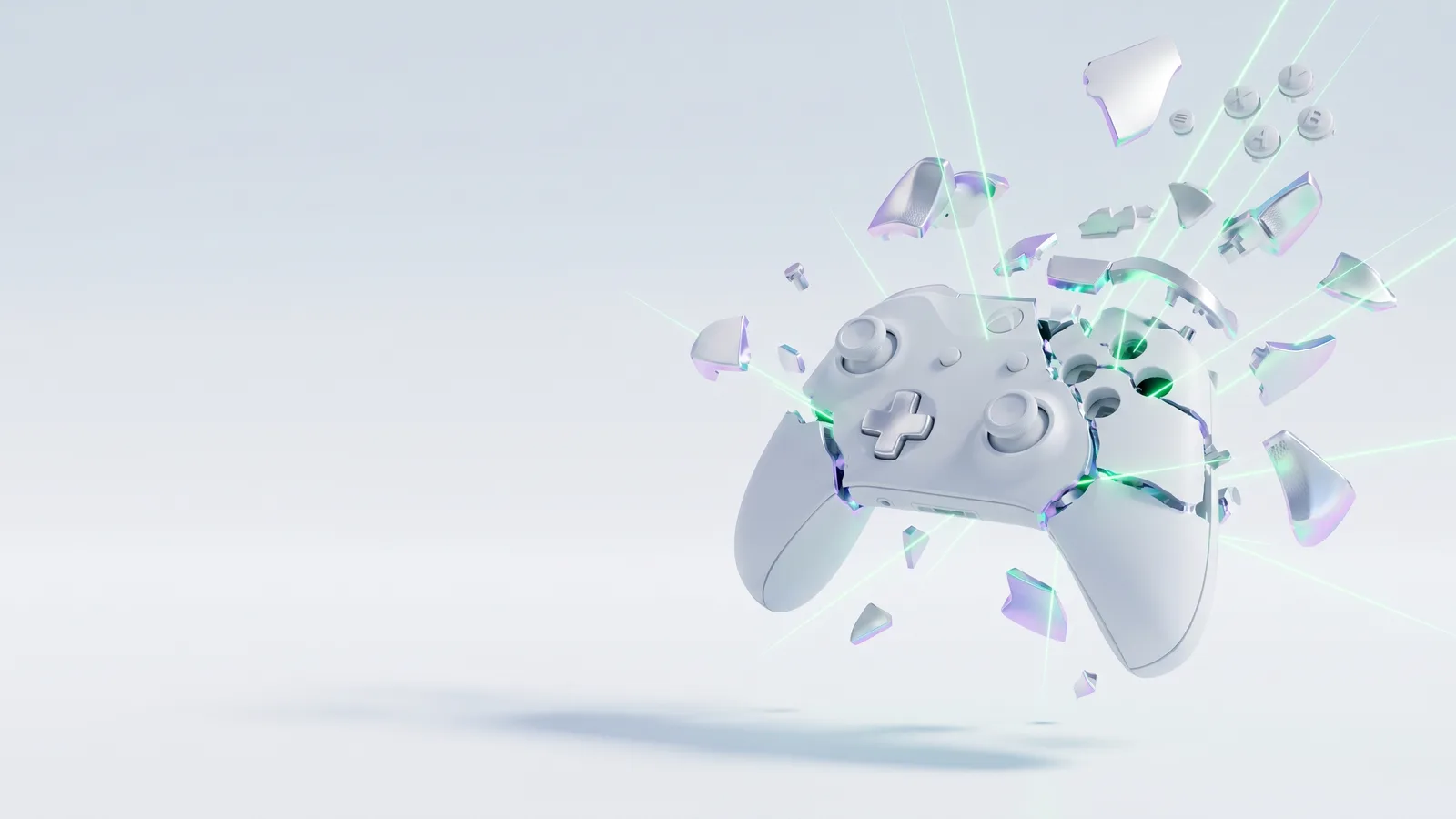 A white game controller breaking apart into floating fragments, green light between the pieces.