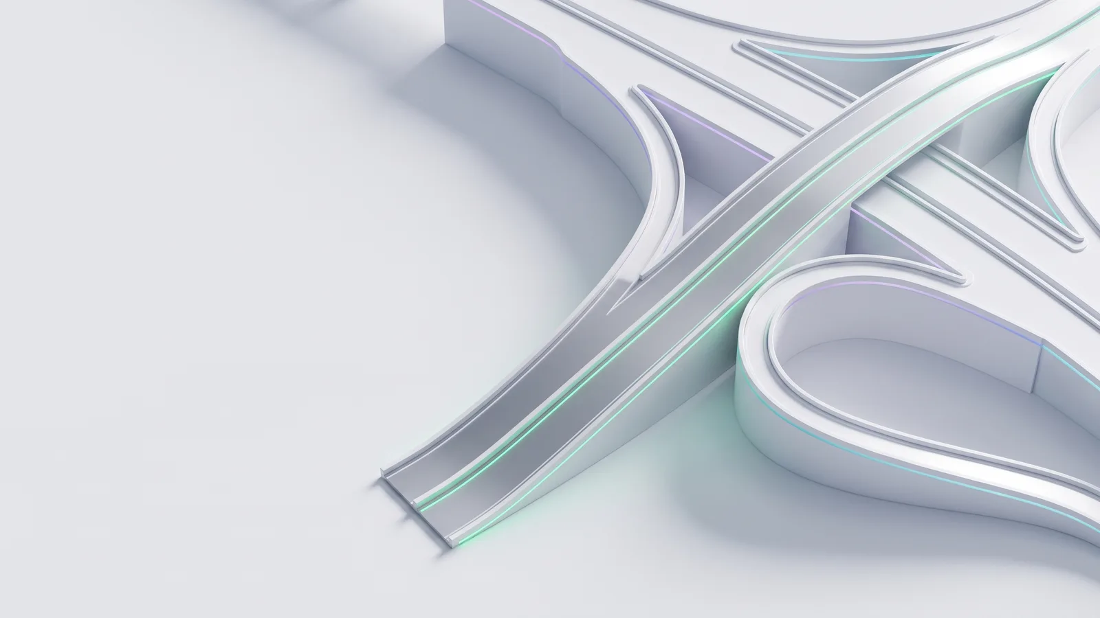 A white motorway interchange as a scale model, one lane lit by a thin green line.
