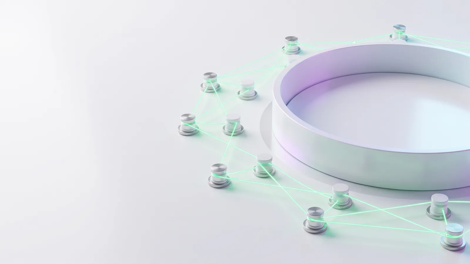 A white walled ring surrounded by small pedestals linked by green light lines.