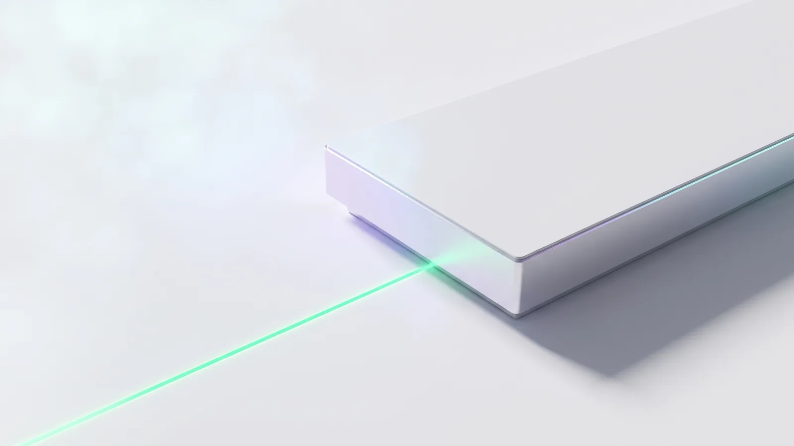 A heavy white slab casting a shadow, with a green line of light passing beside it.