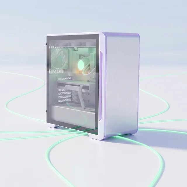 A white gaming PC with a soft green glow inside, green lines of light running out from it across the floor.