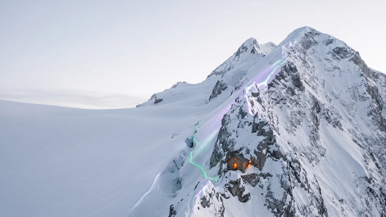 A snowy mountain ridge with one warmly lit hut near the top.