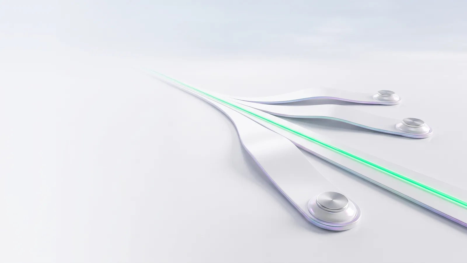 Three white paths fanning out from one point, each ending at a small pedestal, one lit green.