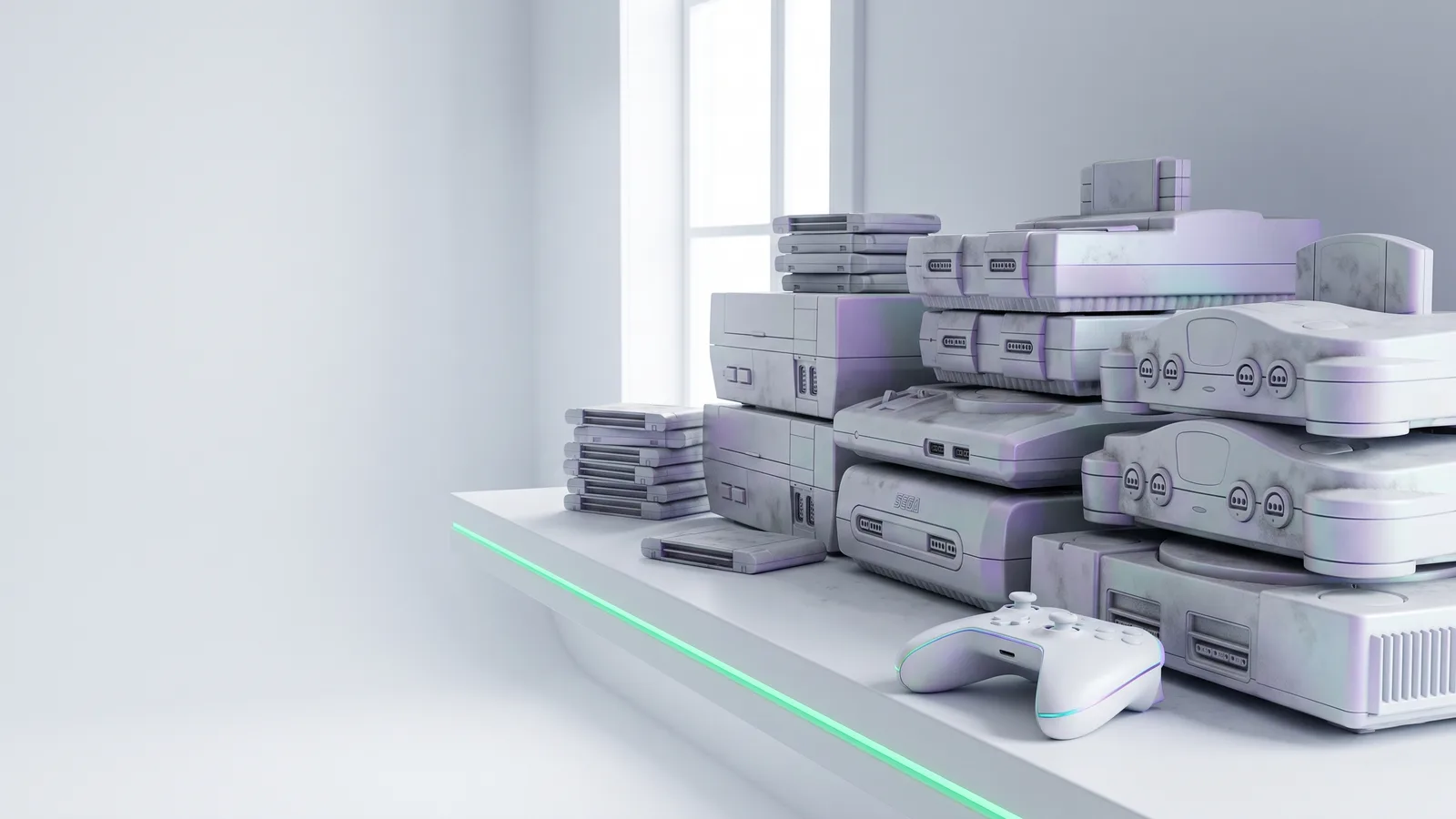 Old game consoles stacked on a white shelf by a window, a white controller in front.