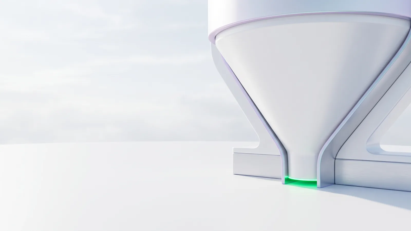 A white funnel on a stand, glowing green where it narrows.