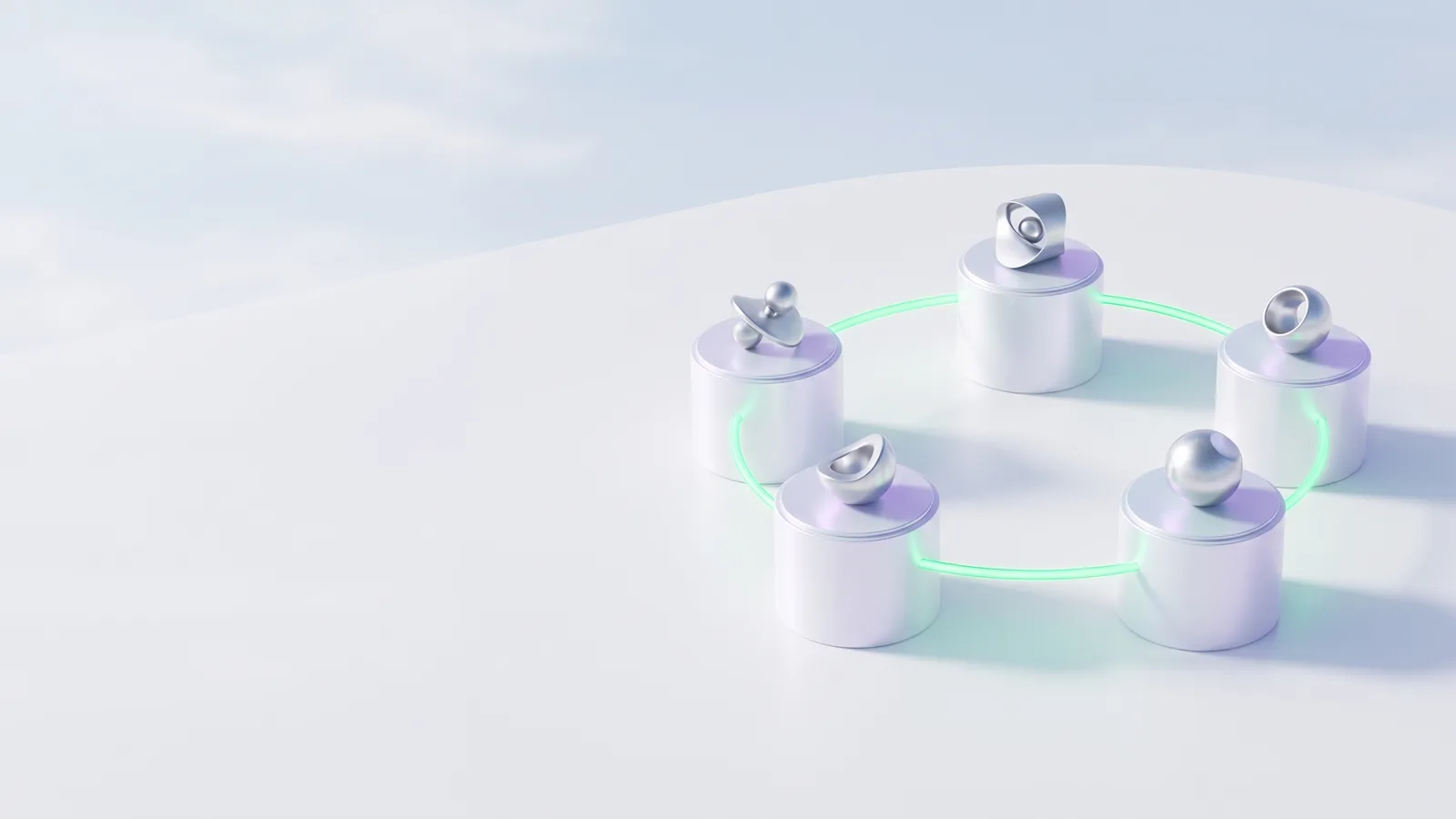 Five white pedestals in a circle, each holding a small silver object, joined by a ring of green light.