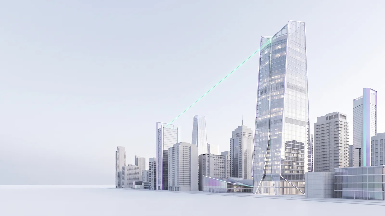 A pale city skyline with a thin green line of light between two towers.
