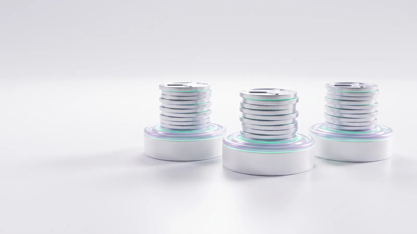 Three white pedestals in a row, each holding a stack of silver coins of the same height.