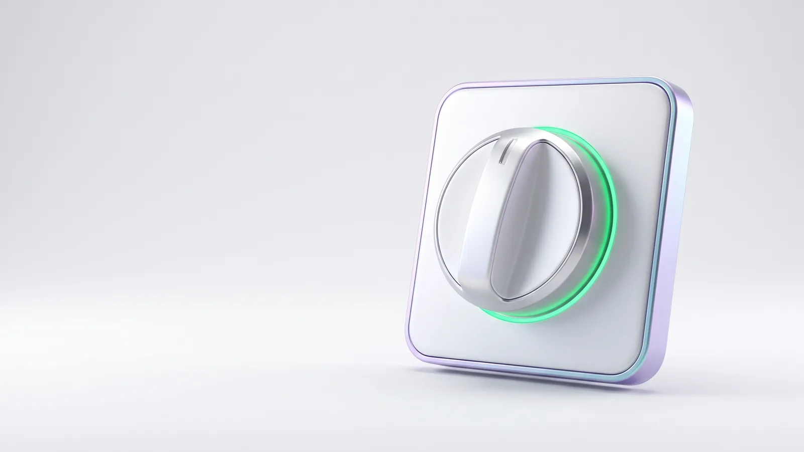 A white rotary switch on a white panel, ringed with green light.