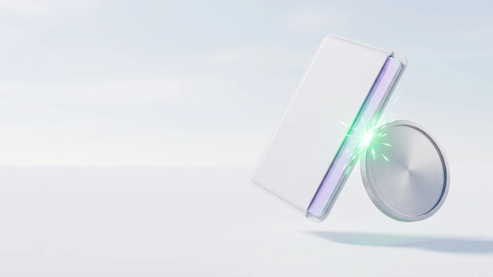 A white card and a plain silver coin touching in mid-air, a spark of green light where they meet.