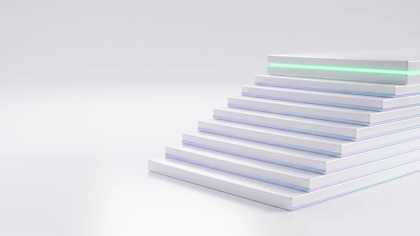 A white staircase rising to the right, the top step lit green.