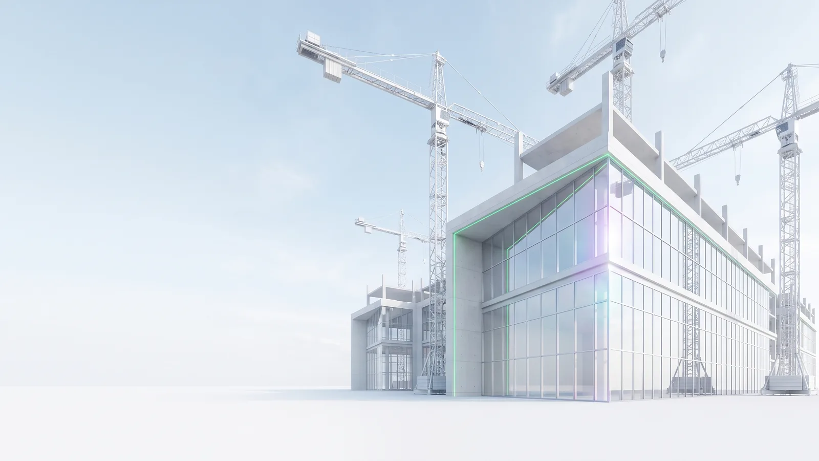 A glass building under construction with cranes against a pale blue sky.
