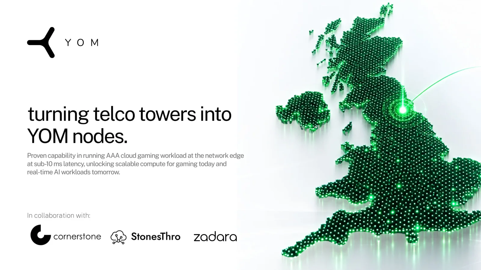 A map of the United Kingdom rendered as a field of green dots, with one node lit up and a connection arcing away from it, beside the logos of Cornerstone, StonesThro and Zadara