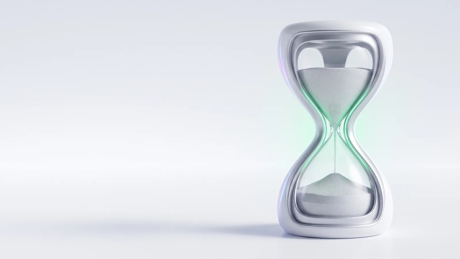 A white hourglass with pale silver sand and a faint green glow at the neck.
