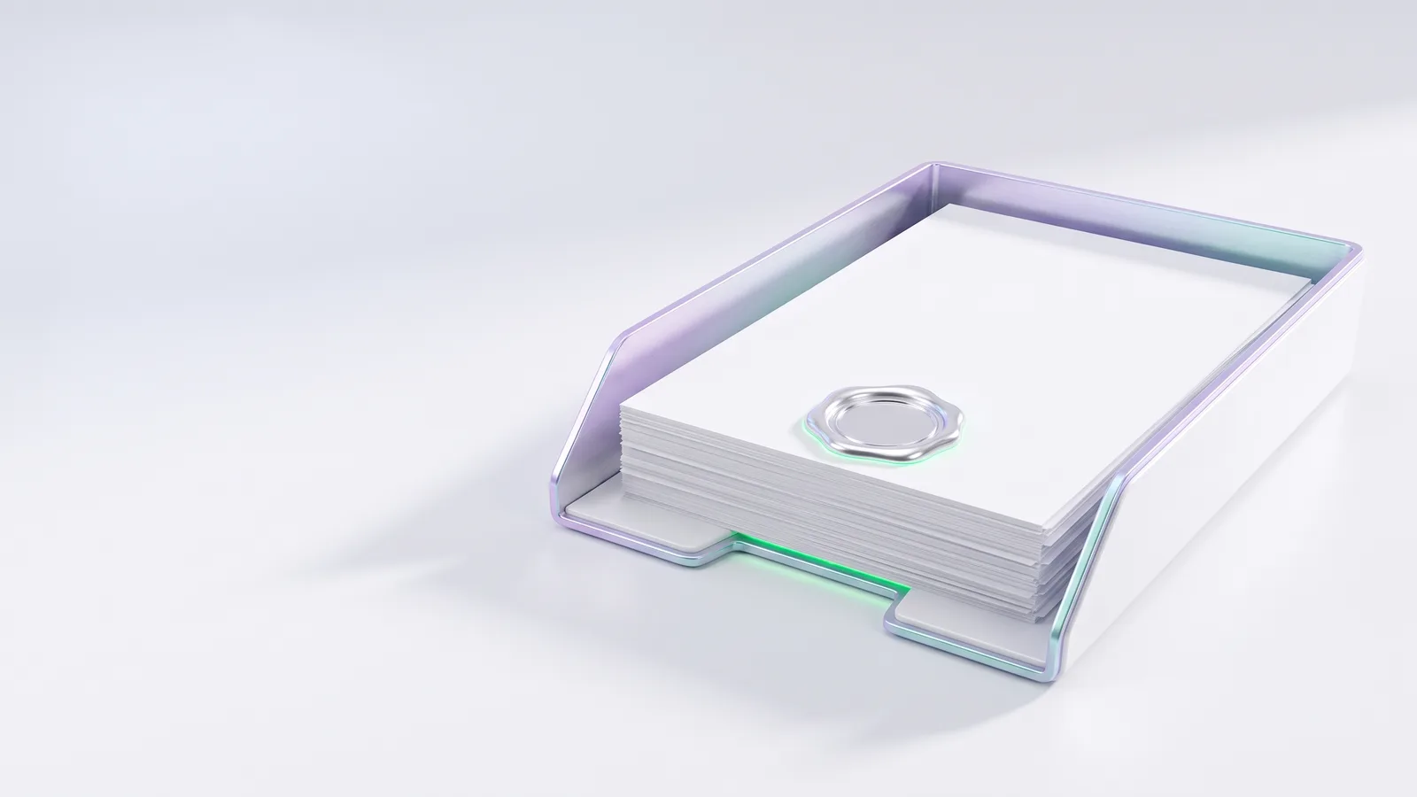A white document tray holding a stack of blank sheets with a silver seal on top.