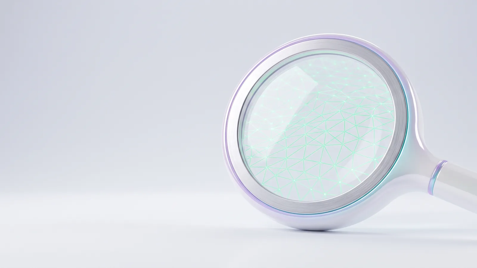 A white magnifying glass over a fine mesh of green light lines.