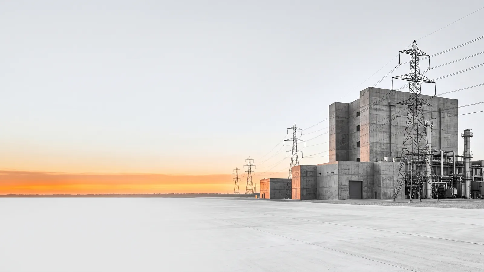 A concrete power plant and pylons in black and white, with an orange sunset band on the horizon.