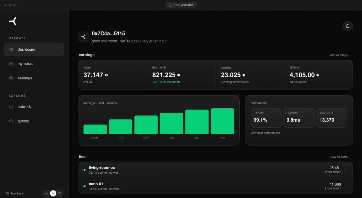 Illustration of the operator app dashboard with example figures: earnings, uptime, latency, sessions and hosts serving.