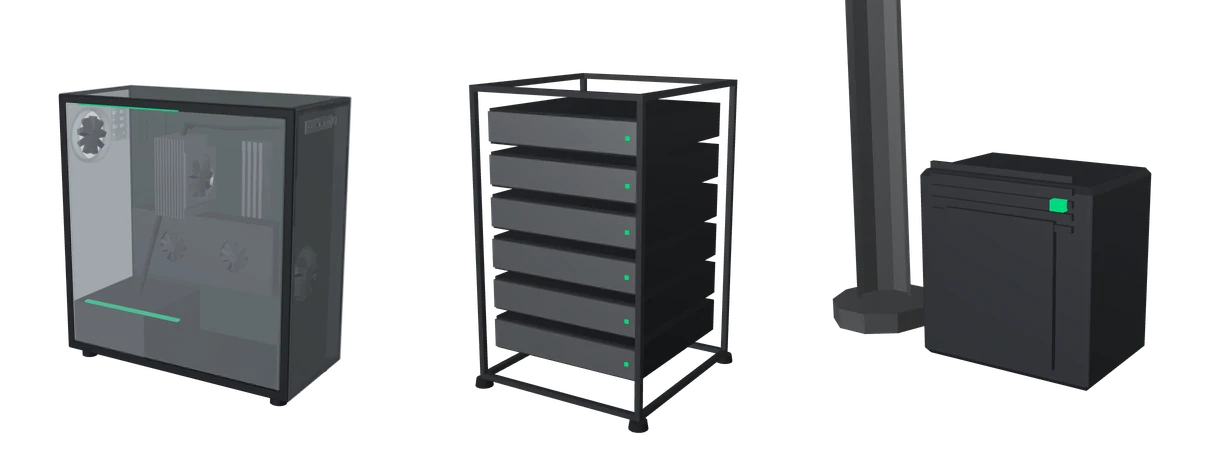 One PC case with a glass side panel, an open frame rack with six machines, and the base of a carrier mast with its cabinet, all at the same light.