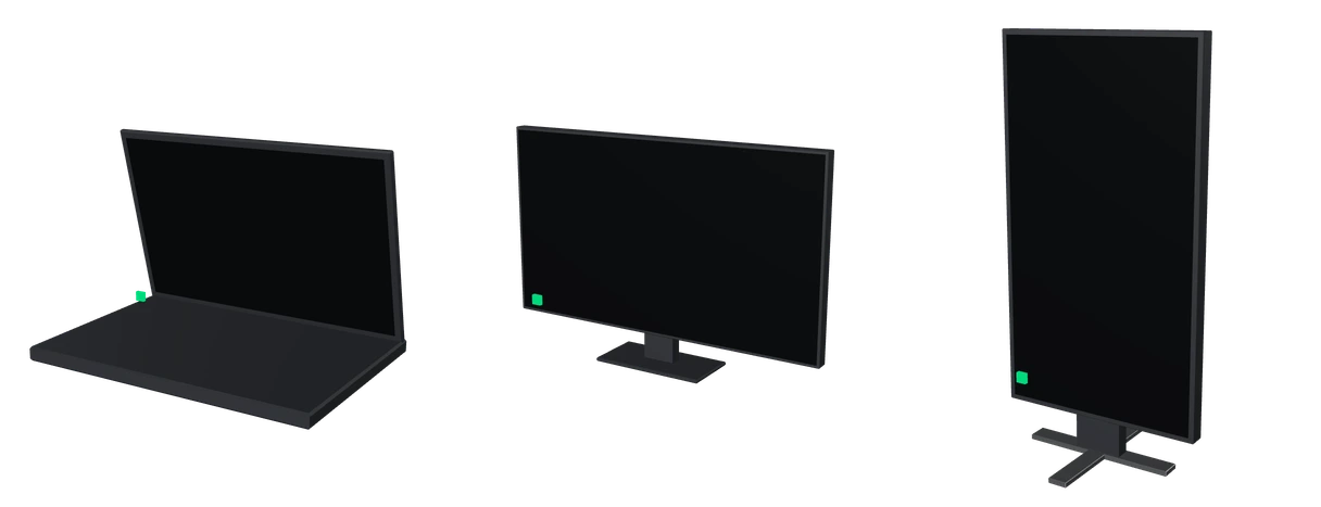 A laptop with its lid open, a television on a low stand and a standing event screen, all at the same light and each with a small green light showing the screen is live.